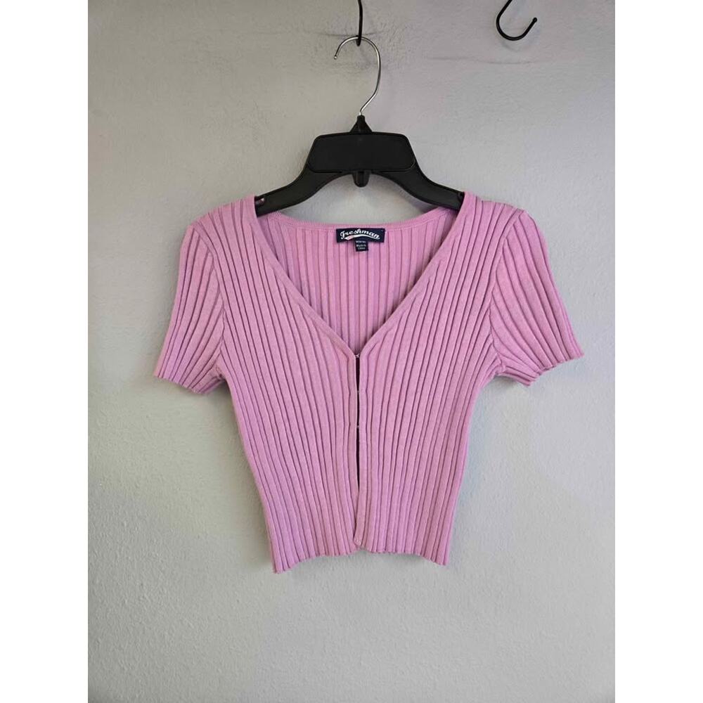Freshman Ribbed Hook and Eye V-Neck Cropped Cardigan Top‎ Pink M